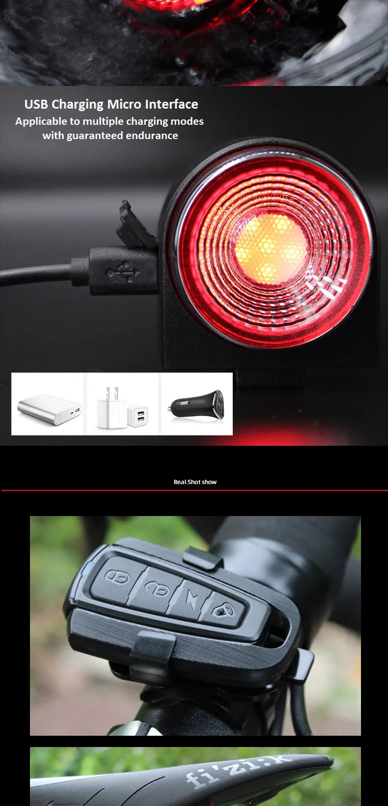 A8 Smart Bike Anti-Theft Alarm Lock with Auto Brake Taillight