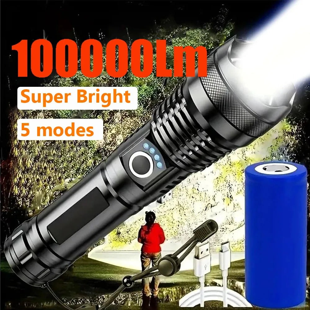 High Power LED Flashlight - Rechargeable Tactical Torch with USB Charging