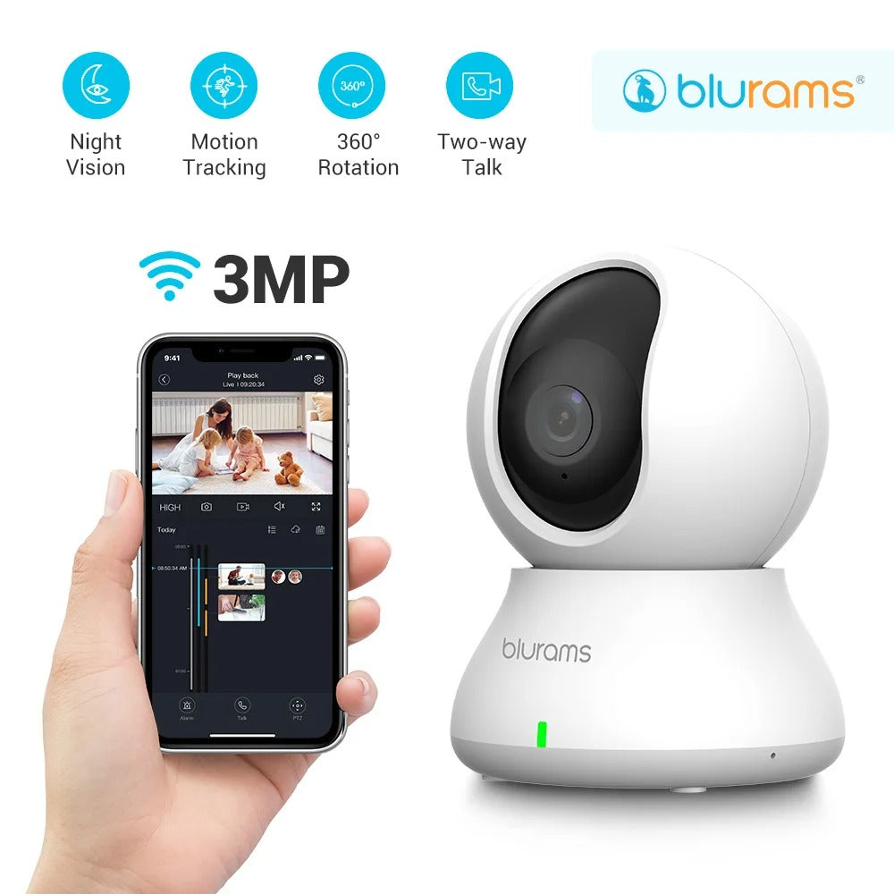 Blurams 2.4GHz WiFi Indoor Camera - 2K 360° PTZ Pet Dog IP CCTV Camera with Phone App, Two-Way Talk, and Night Vision for Home Security