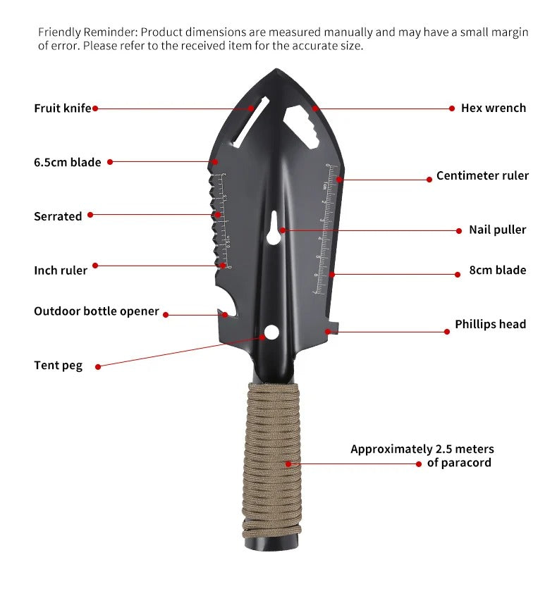 Portable Camping, Hiking, and Traveling Multi-Functional Shovel - 7-in-1 Survival Tool