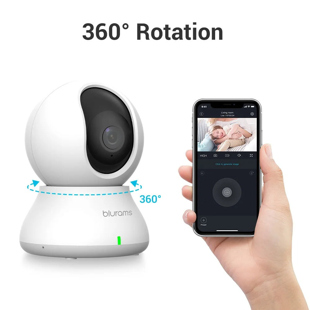 Blurams 2.4GHz WiFi Indoor Camera - 2K 360° PTZ Pet Dog IP CCTV Camera with Phone App, Two-Way Talk, and Night Vision for Home Security