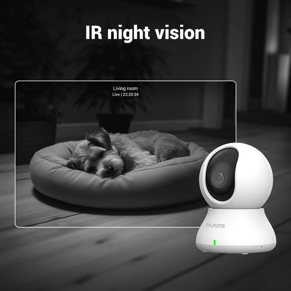 Blurams 2.4GHz WiFi Indoor Camera - 2K 360° PTZ Pet Dog IP CCTV Camera with Phone App, Two-Way Talk, and Night Vision for Home Security