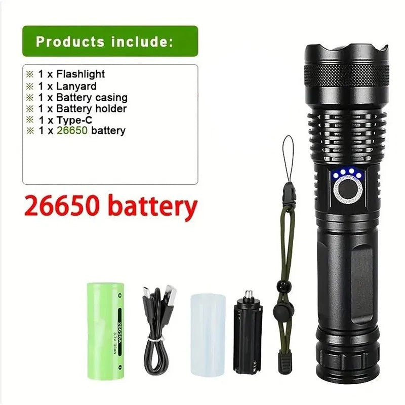 High Power LED Flashlight - Rechargeable Tactical Torch with USB Charging